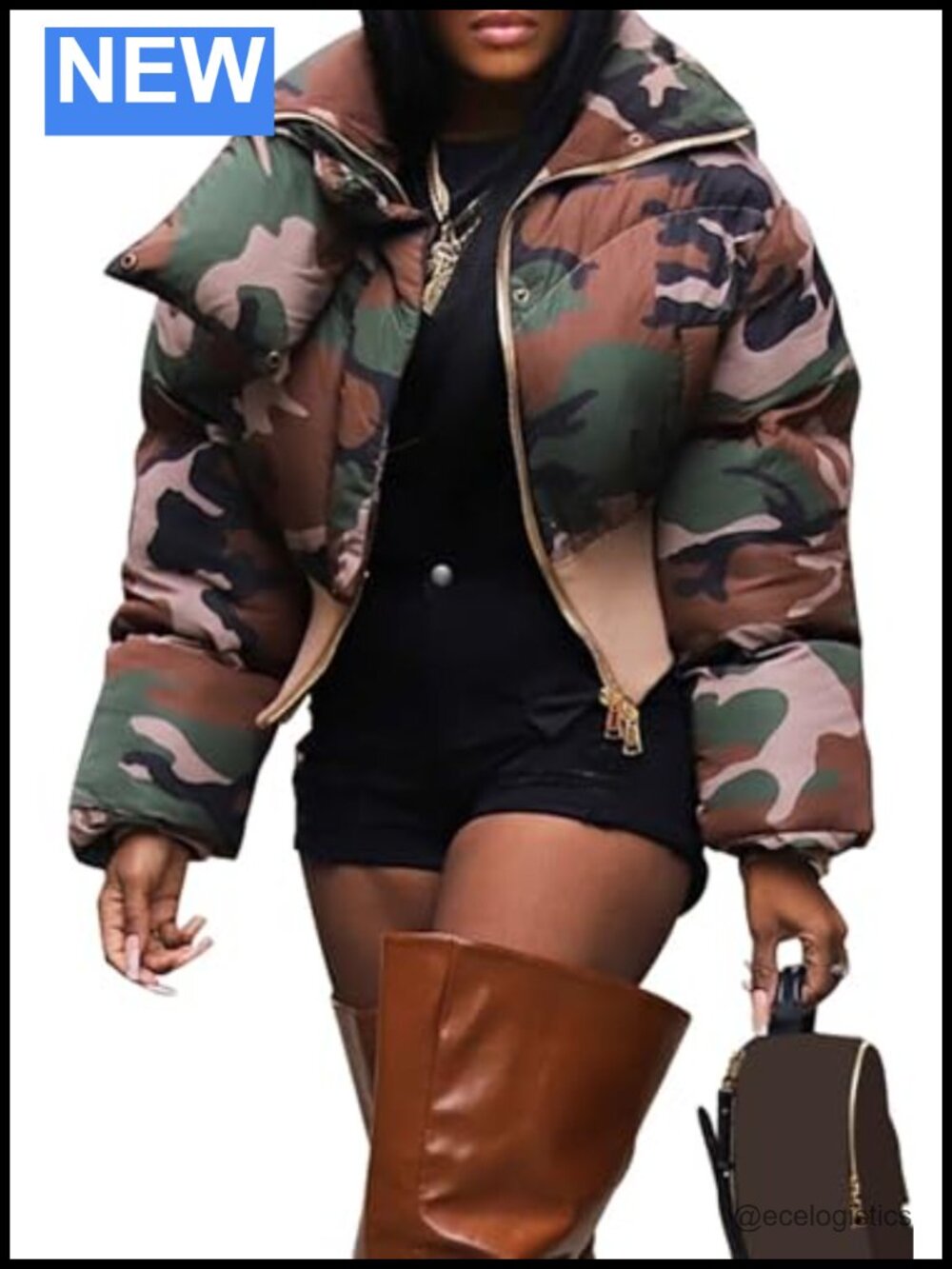 Women's Cropped Puffer Jacket Zip Up Quilted Camo Winter Coat